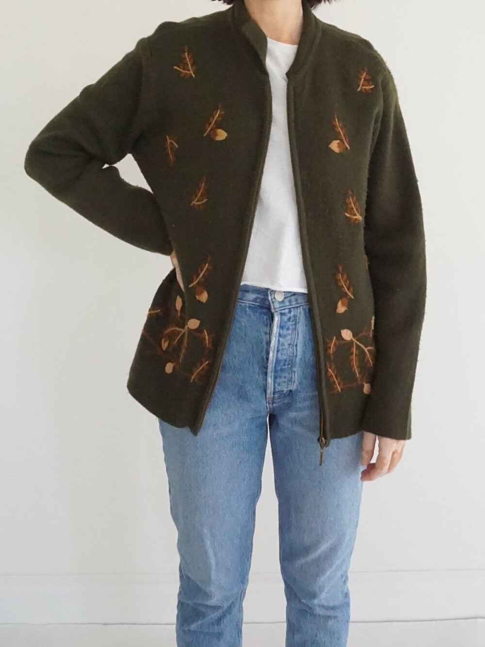 Vintage Classic Elements Olive Green Botanical Branch Floral Zip Cardigan M